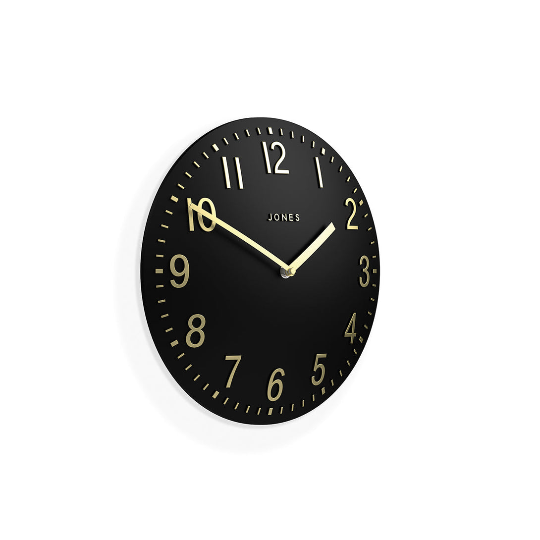 Chilli convex modern wall clock by Jones Clocks in black with a gold contemporary dial - JCHILKG30