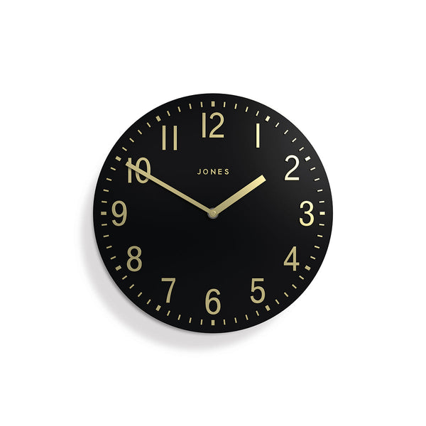 Chilli convex modern wall clock by Jones Clocks in black with a gold contemporary dial - JCHILKG30