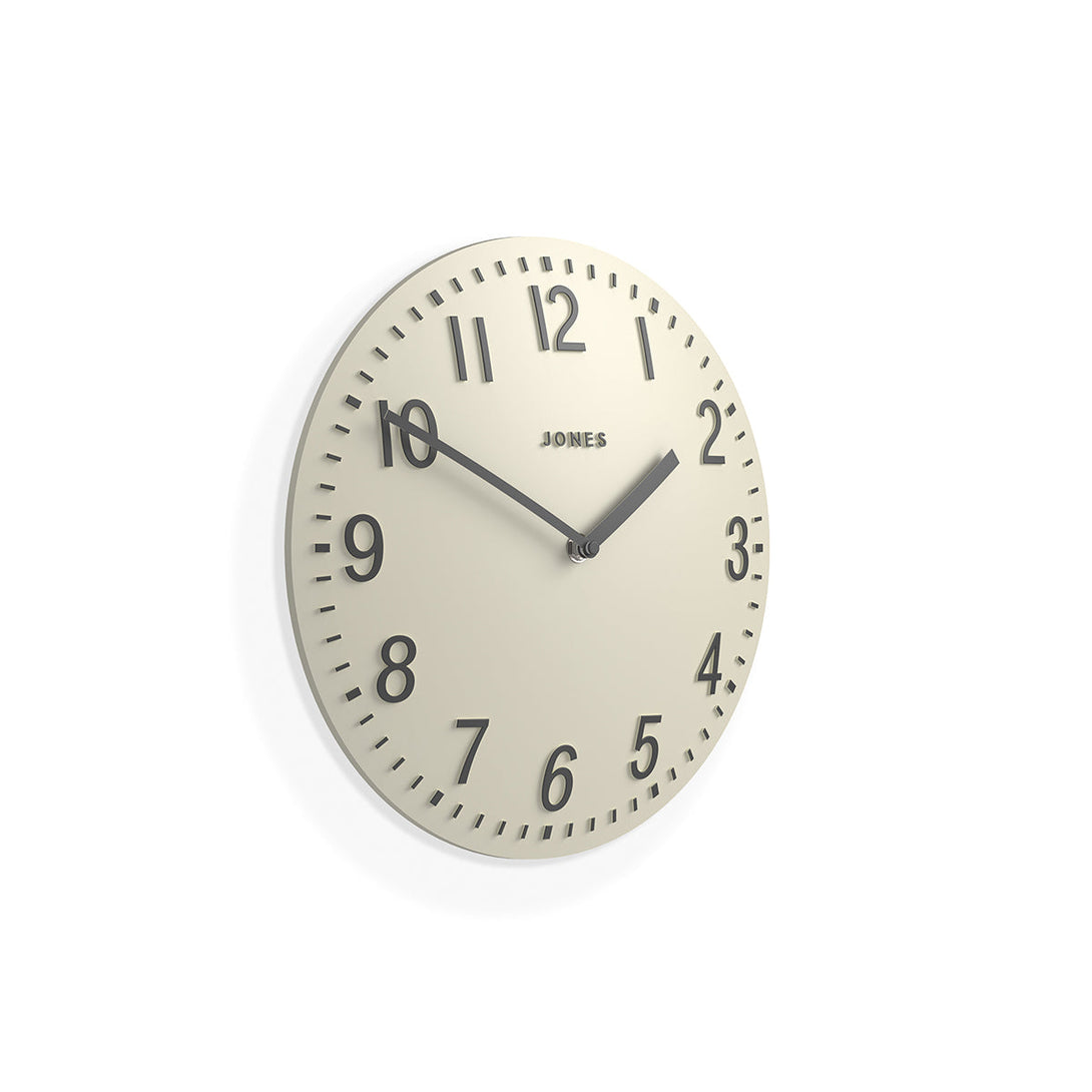 Chilli convex modern wall clock by Jones Clocks in linen white with a silver contemporary dial - JCHILLWBGY30