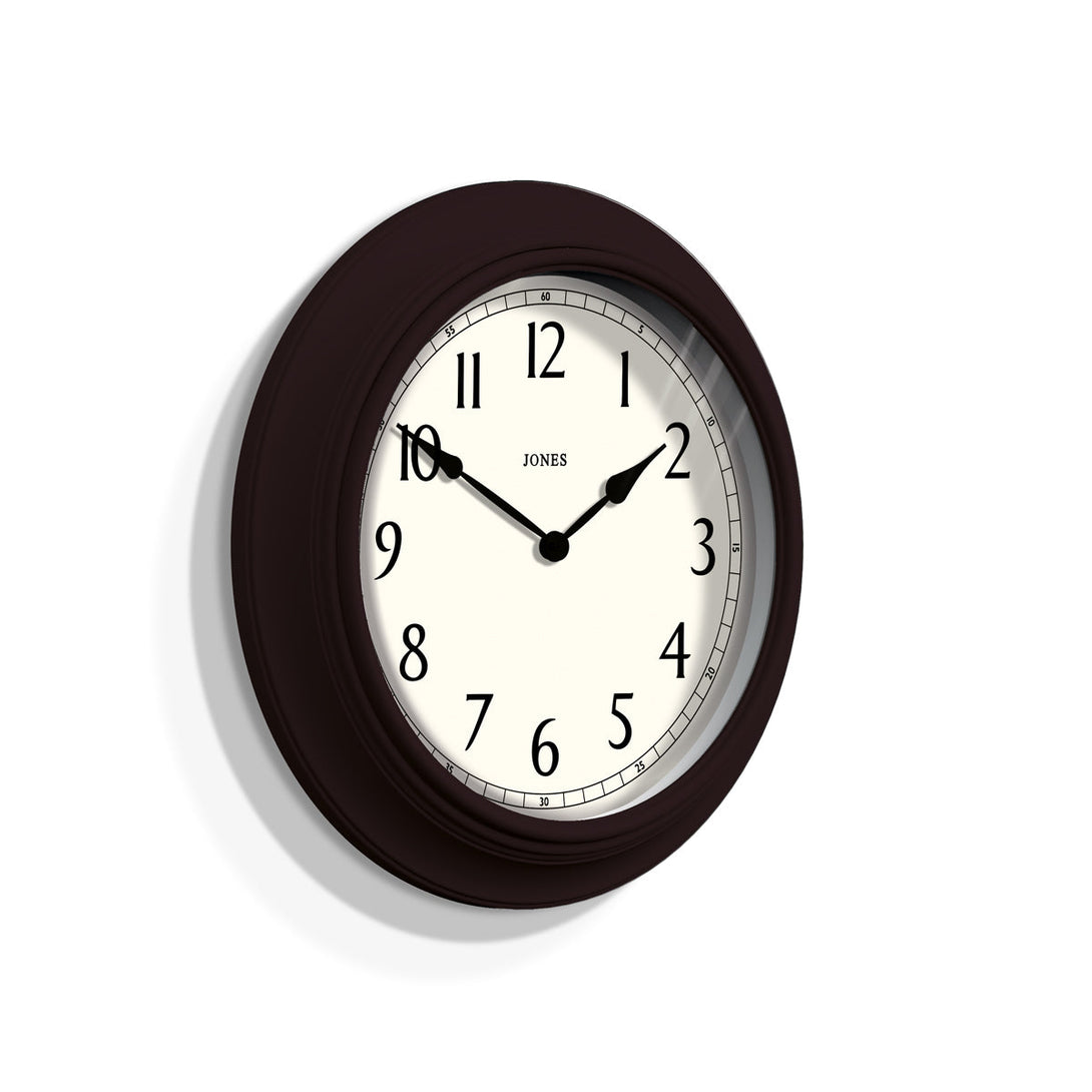 Side view of the large, moulded, classic Jones Clocks Supper Club wall clock in Mocha Brown with pretty numerals and double spade hands - JSUP163CHK