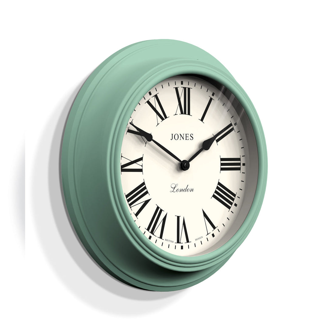 Cocktail wall clock by Jones Clocks in 'Duck Egg' green with a Roman Numeral dial - JCOCKT319DE