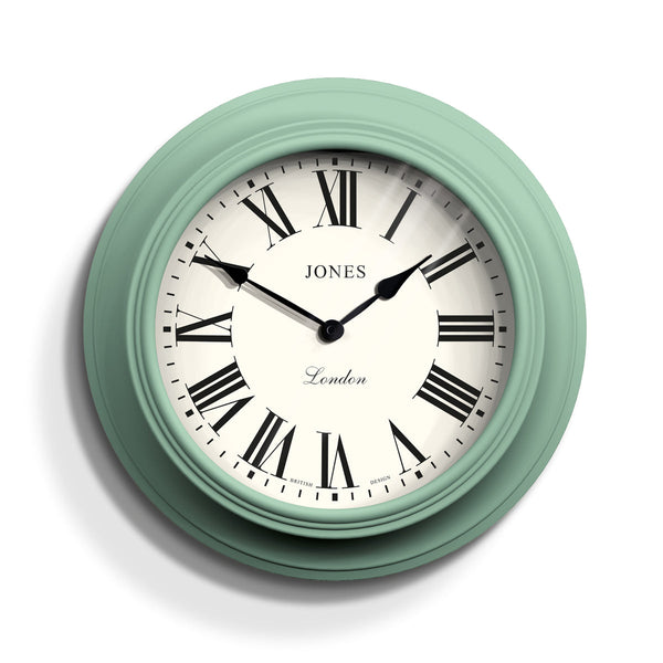 Cocktail wall clock by Jones Clocks in 'Duck Egg' green with a Roman Numeral dial - JCOCKT319DE