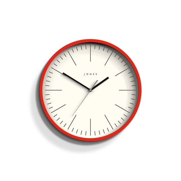 Front - Spartacus wall clock by Jones Clocks in bright red with a minimalist marker dial - JSPAR102ER