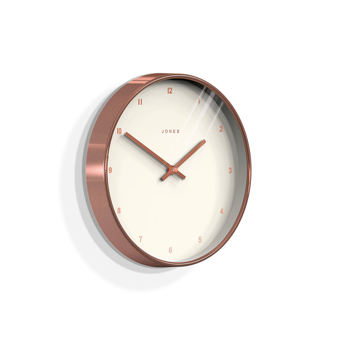 Skew - Minimalistic wall clock by Jones Clocks in copper with a contemporary copper foil dial - JPEN70COP