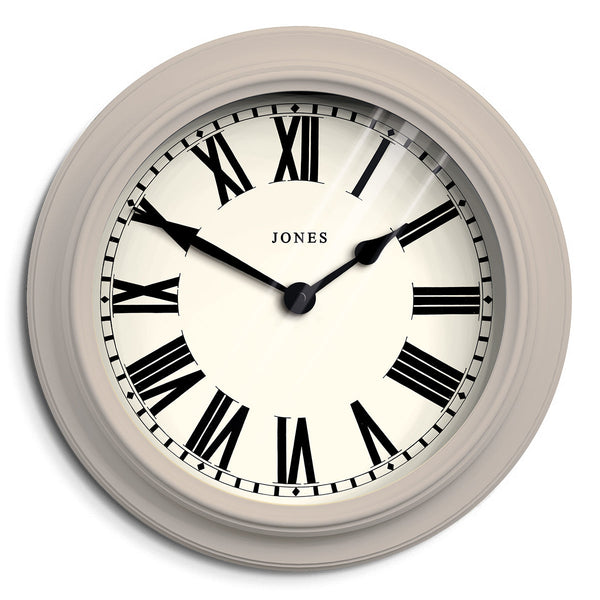Front - Large Opera wall clock by Jones Clocks in a classic soft grey decorative case with a Roman Numeral Dial - JOPER1GY