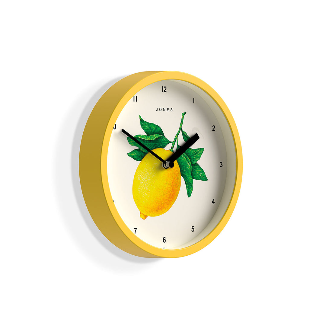 Side view - Lemon wall clock by Jones clocks in yellow with a decorative lemon dial - JFOX104CY