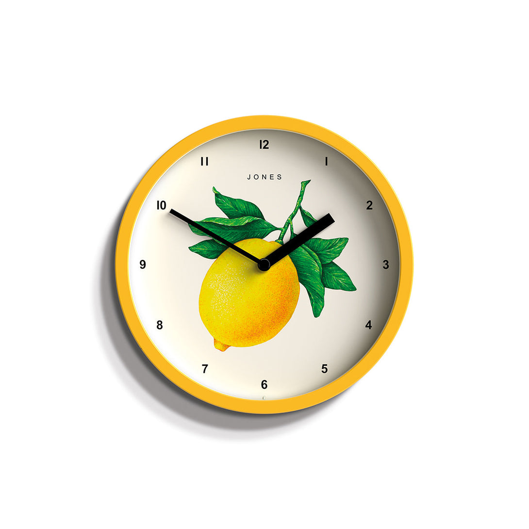 Lemon wall clock by Jones clocks in yellow with a decorative lemon dial - JFOX104CY