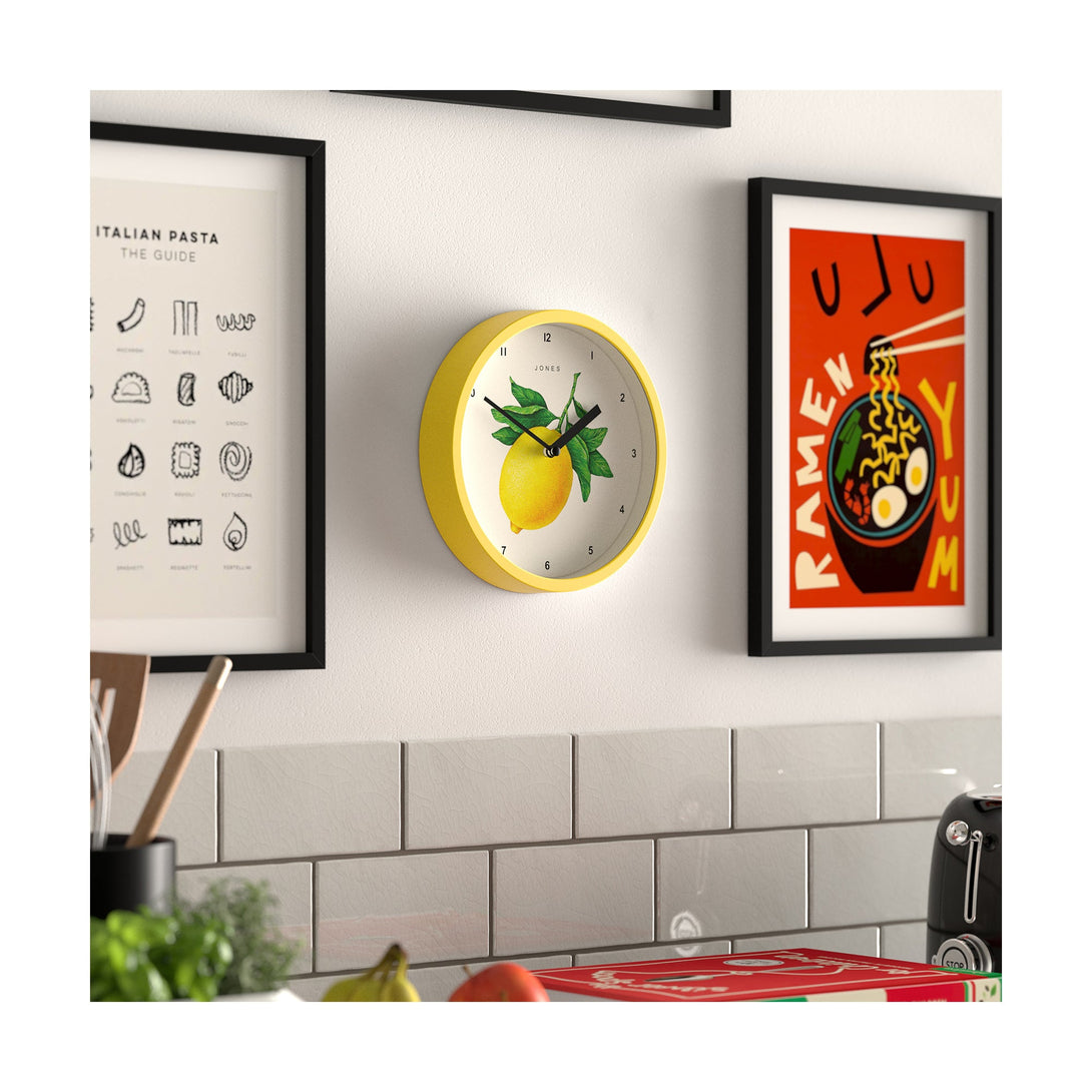 Lemon wall clock by Jones clocks in yellow with a decorative lemon dial - JFOX104CY