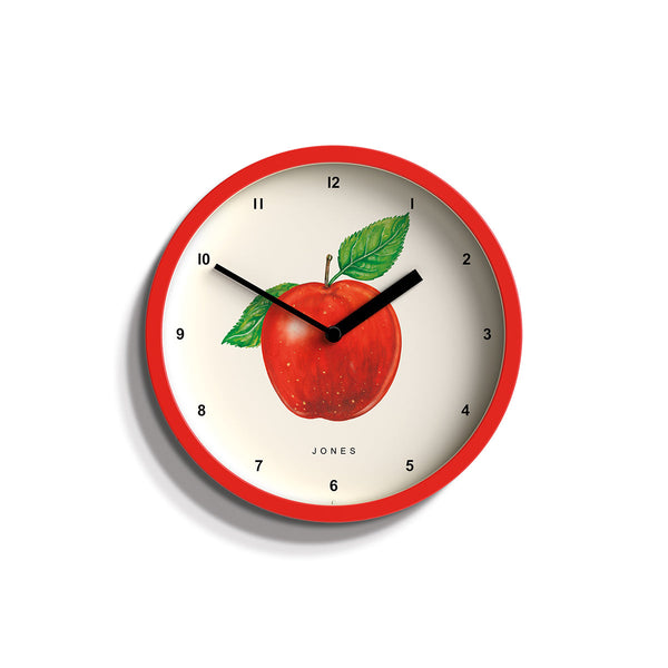 Apple wall clock by Jones clocks in red with a decorative apple dial - JFOX115ER