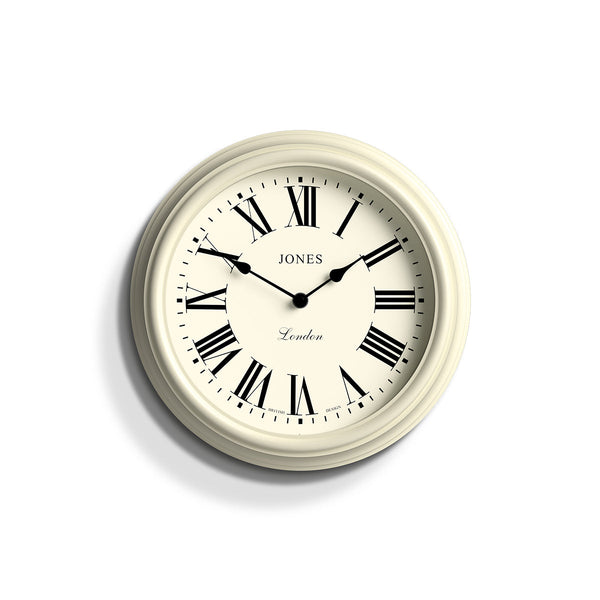 Front - Venetian wall clock by Jones Clocks. A classic Roman numeral dial with traditional spade hands, inside a decorative cream case - JVEN319LW