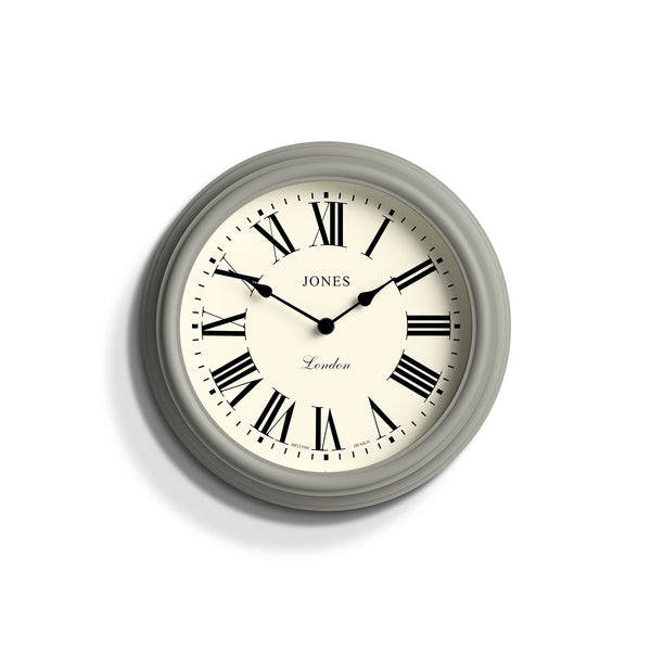 Front - Venetian wall clock by Jones Clocks. A classic Roman numeral dial with traditional spade hands, inside a decorative pepper grey case - JVEN319PGY