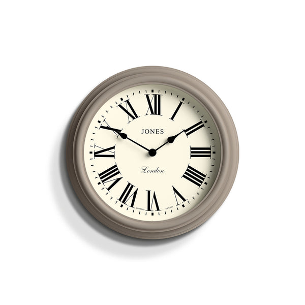 Front - Venetian wall clock by Jones Clocks. A classic Roman numeral dial with traditional spade hands, inside a decorative 'mole grey' beige case - JVEN319ST
