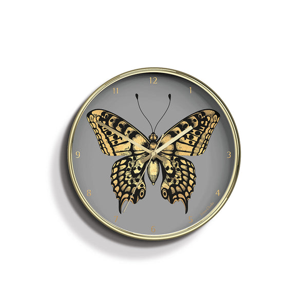 Academy gold Butterfly wall clock by Jones Clocks with a gold foil and grey dial - JACA169PB