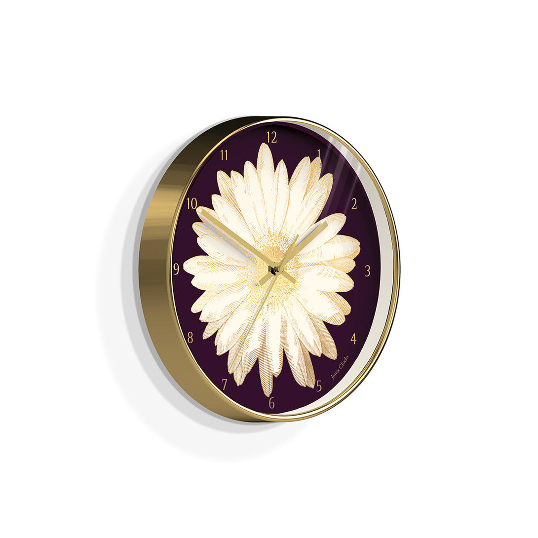 Side view of the Academy gold Daisy wall clock by Jones Clocks with a gold foil and plum dial - JACA481PB