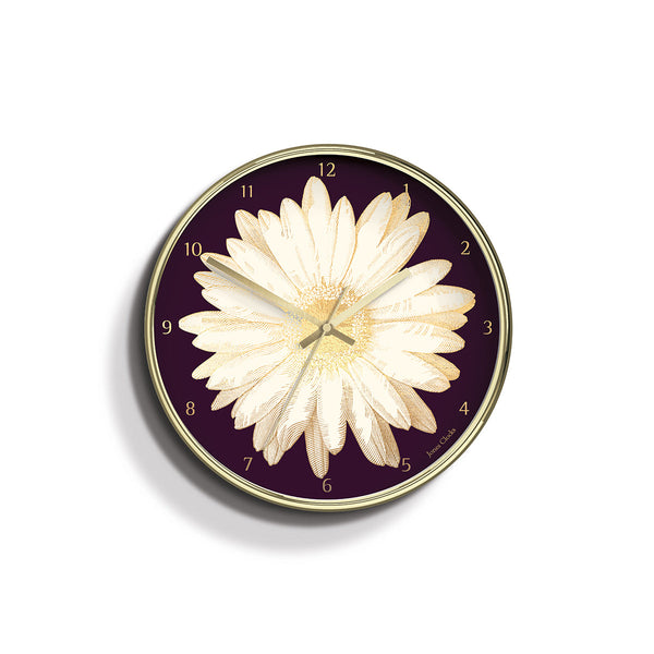 Academy gold Daisy wall clock by Jones Clocks with a gold foil and plum dial - JACA481PB