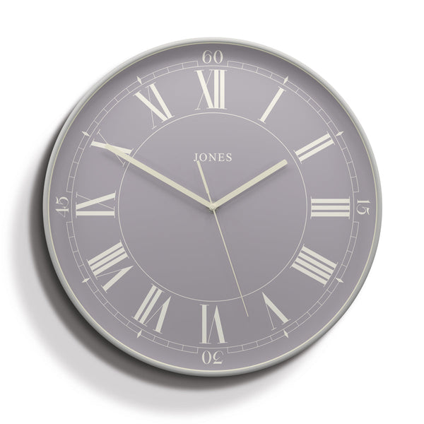 Front - Ice Rink wall clock by Jones Clocks in cloud grey with modern grey Roman Numeral Dial - JRINK463OGY