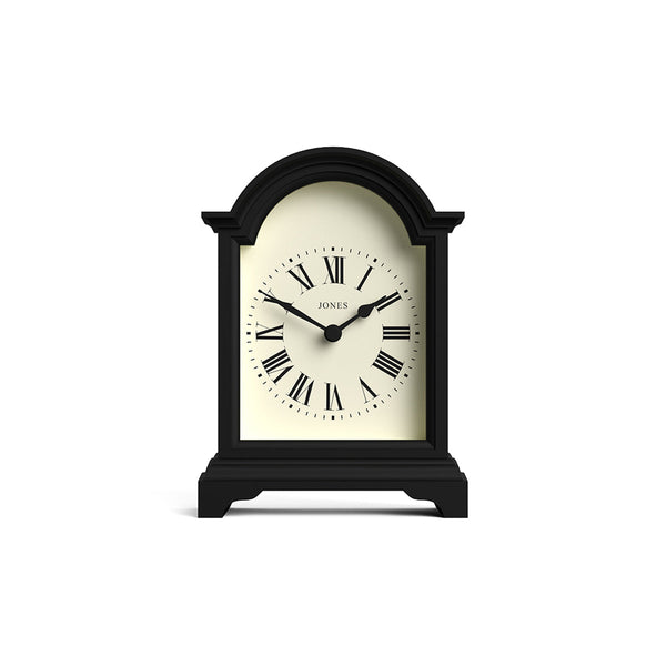 Bistro mantel clock by Jones Clocks in black with a black and cream Roman numeral dial - JBIS319K