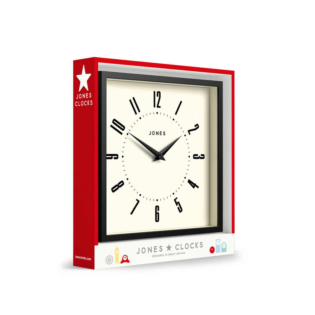 Box wall clock by Jones Clocks in black  with a retro Arabic dial - JBOX219K