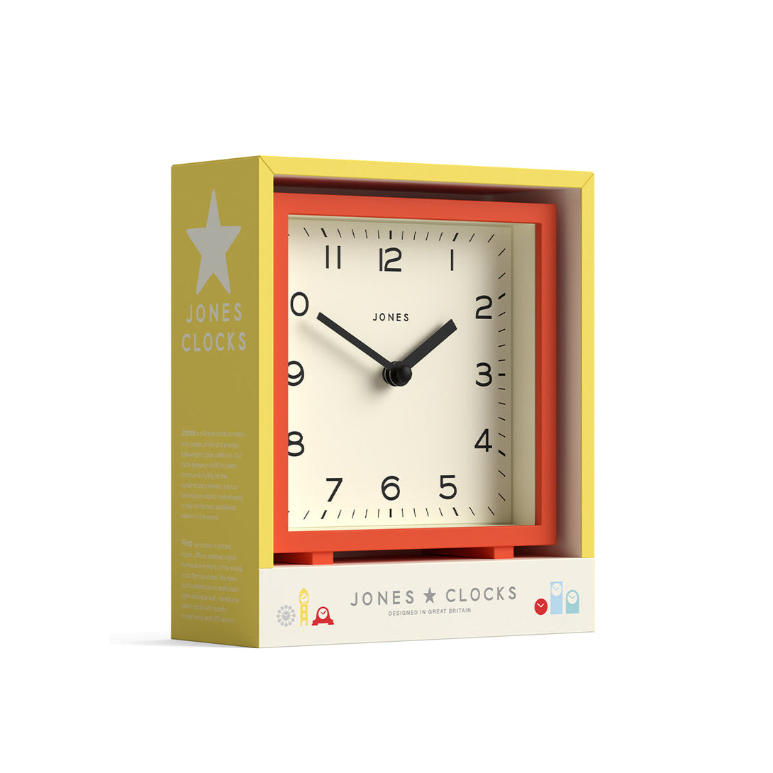 Disco mantel clock by Jones Clocks in orange with an Arabic dial - JDCO132PO