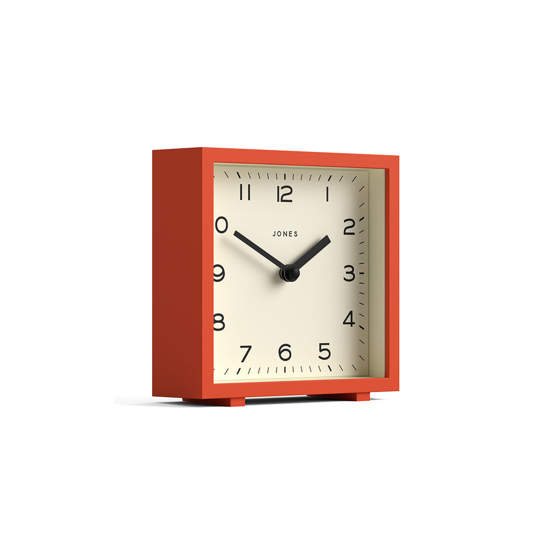 Side view - Disco mantel clock by Jones Clocks in orange with an Arabic dial - JDCO132PO