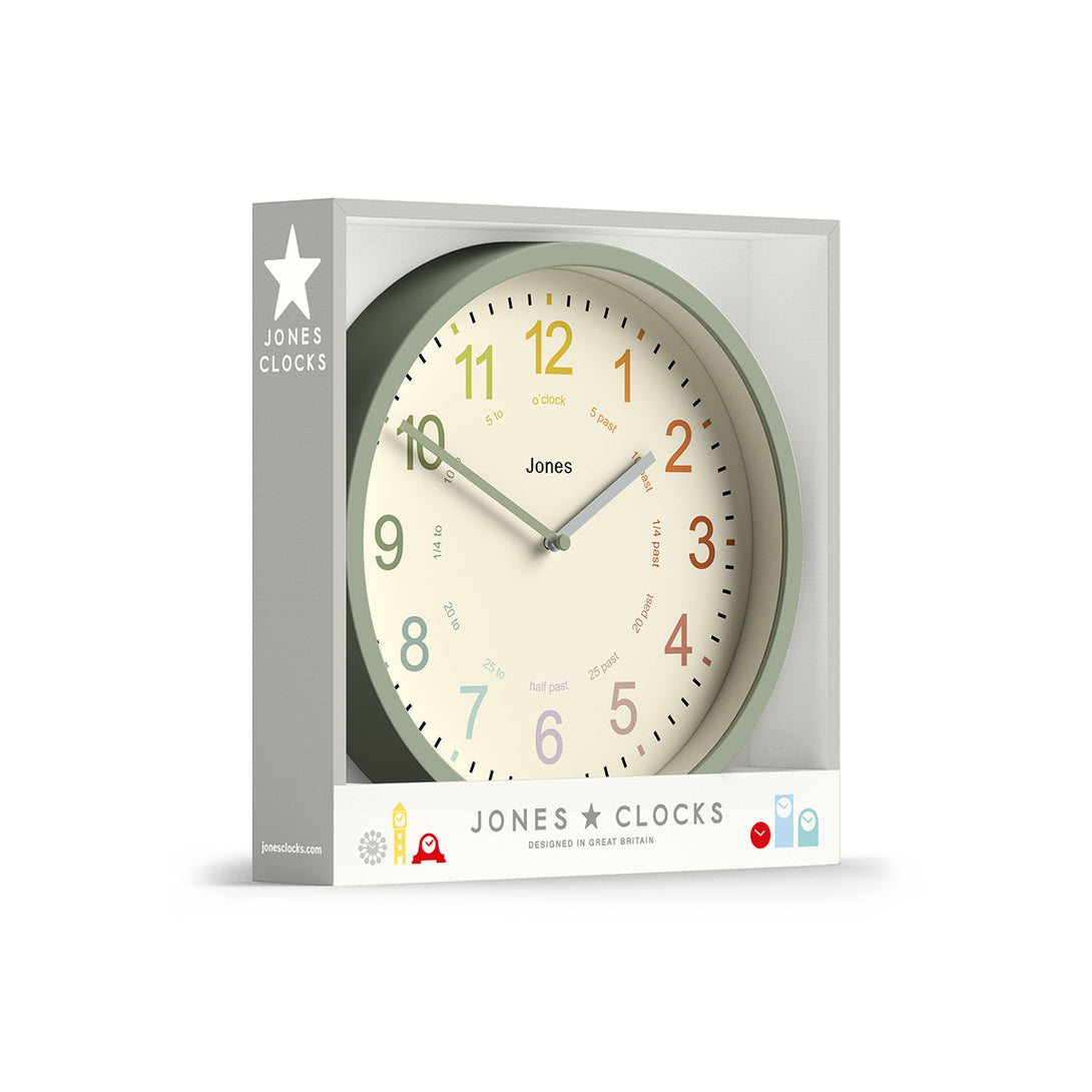 Kids wall clock by Jones Clocks in sage green with a multi-coloured, easy-to-read dial - JDRAG180DS