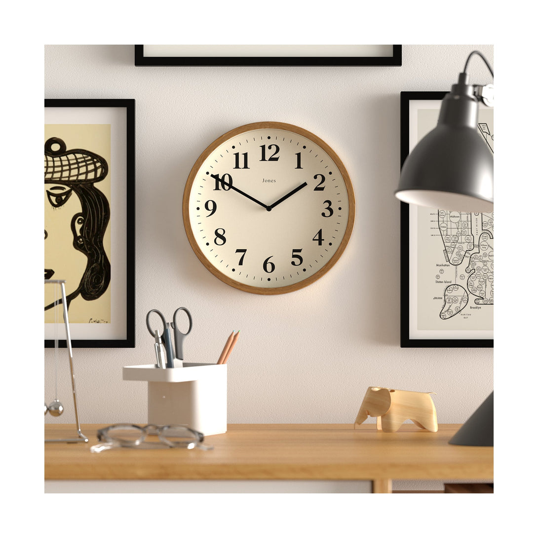 Lodge wall clock by Jones Clocks in dark faux wood with a minimalist Arabic dial - JDRAG18DFW