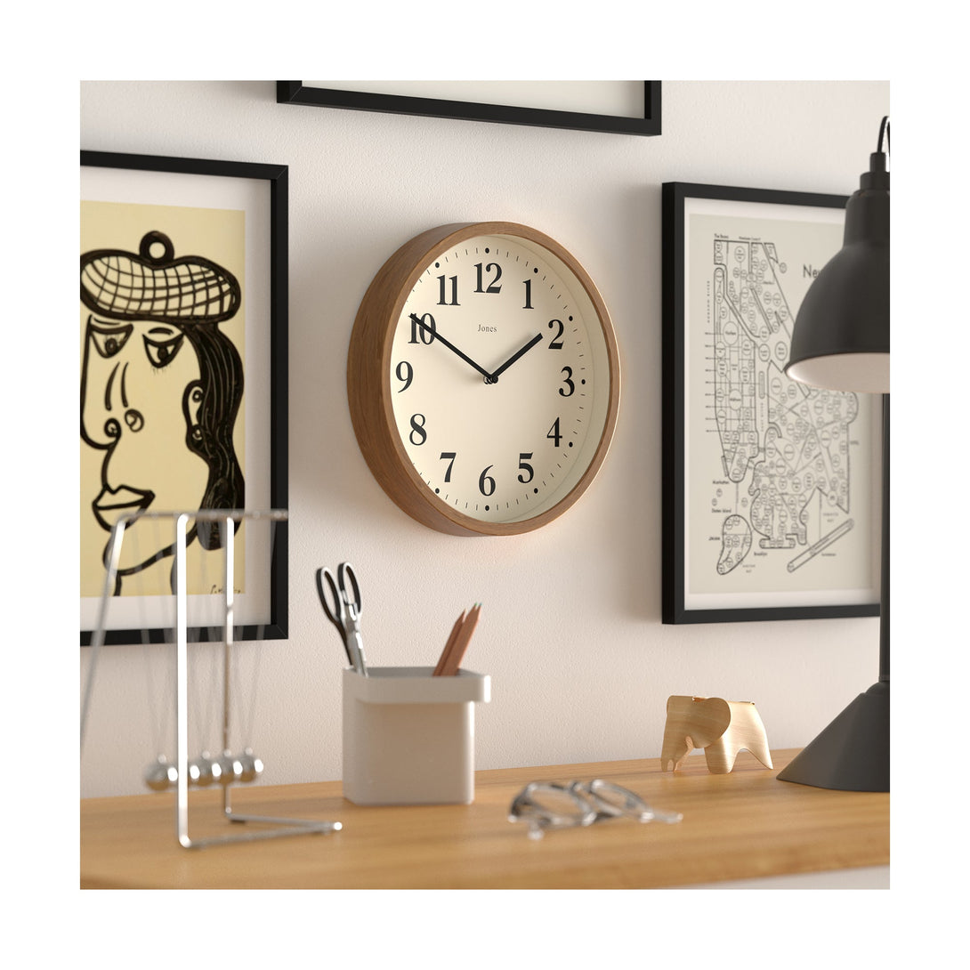 Lodge wall clock by Jones Clocks in dark faux wood with a minimalist Arabic dial - JDRAG18DFW