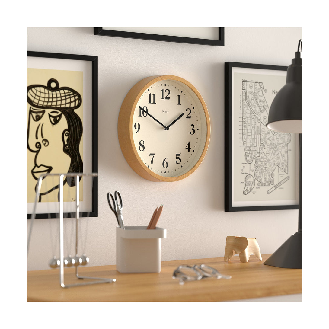 Lodge wall clock by Jones Clocks in medium faux wood with a minimalist Arabic dial - JDRAG18MFW