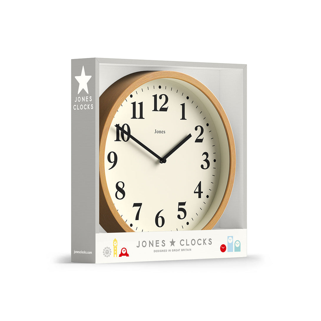 Lodge wall clock by Jones Clocks in medium faux wood with a minimalist Arabic dial - JDRAG18MFW