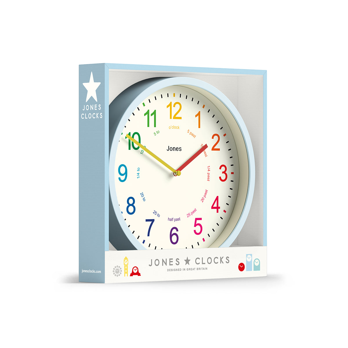 Clock Jr Jones Kids wall clock in blue 25cm – Jones Clocks