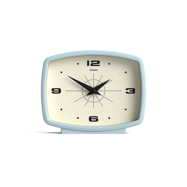 Film mantel clock by Jones Clocks in pale blue with a retro Arabic dial - JFLM209CBL