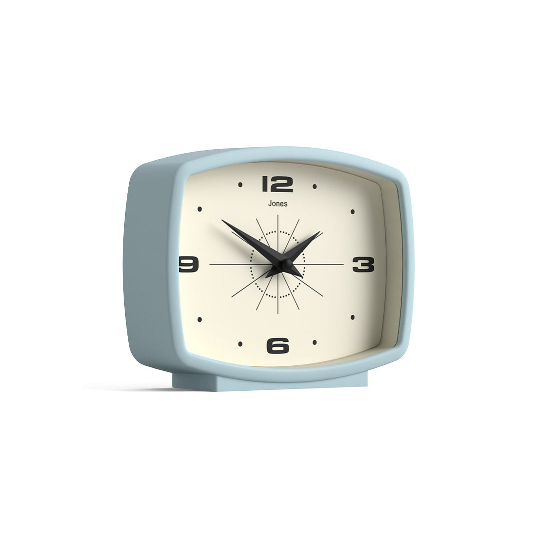 Side view - Film mantel clock by Jones Clocks in pale blue with a retro Arabic dial - JFLM209CBL