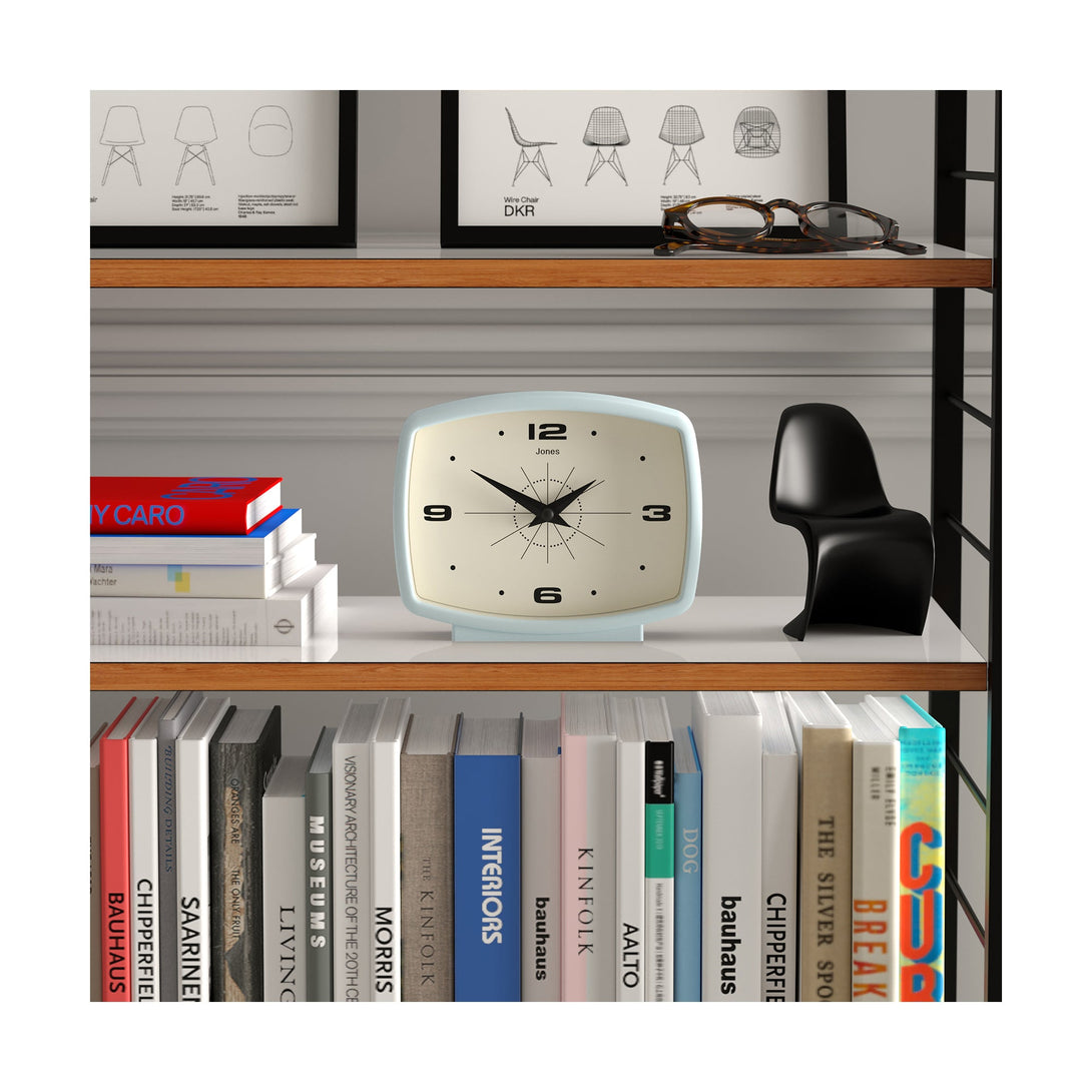 Film mantel clock by Jones Clocks in pale blue with a retro Arabic dial - JFLM209CBL