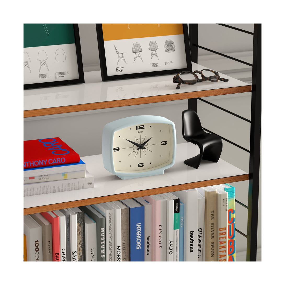 Film mantel clock by Jones Clocks in pale blue with a retro Arabic dial - JFLM209CBL