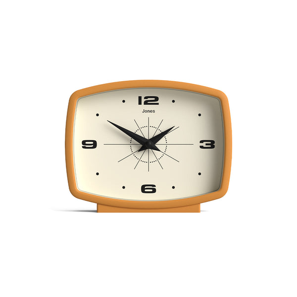 Film mantel clock by Jones Clocks in mustard yellow with a retro Arabic dial - JFLM209MY