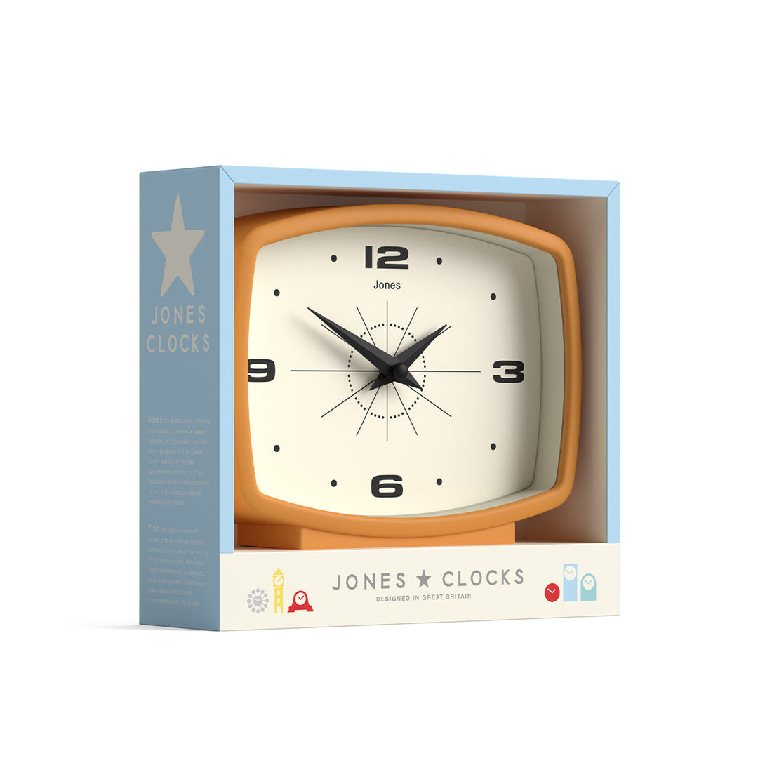 Film mantel clock by Jones Clocks in mustard yellow with a retro Arabic dial - JFLM209MY
