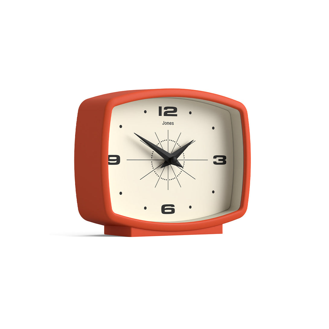 Side view- Film mantel clock by Jones Clocks in orange with a retro Arabic dial - JFLM209PO