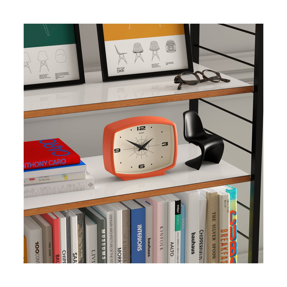 Film mantel clock by Jones Clocks in orange with a retro Arabic dial - JFLM209PO