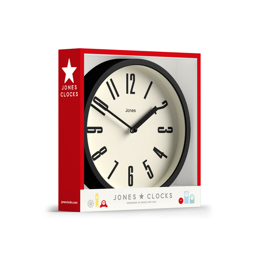 Hot Tub wall clock by Jones Clocks in black with a contemporary dial - JFOX172K