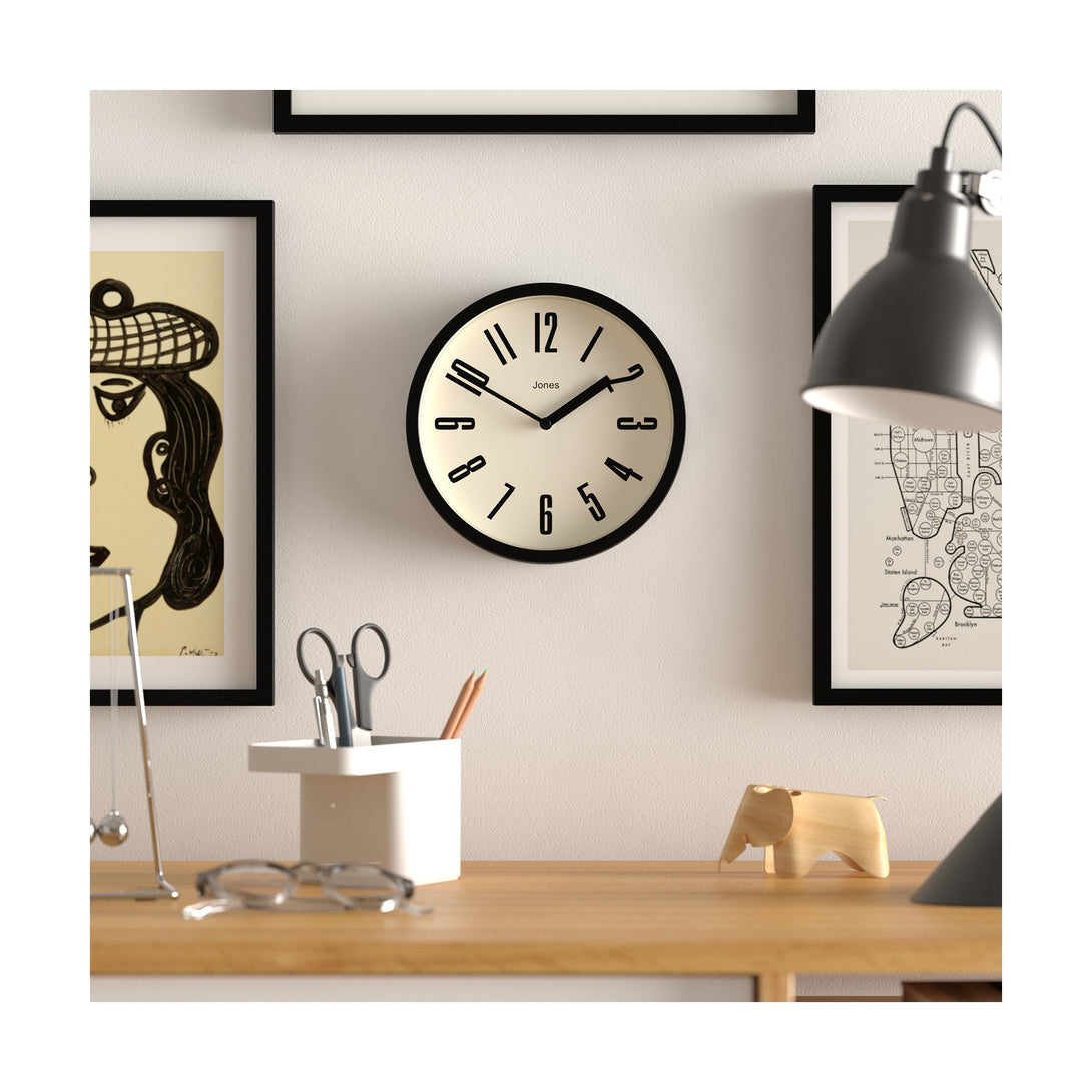 Hot Tub wall clock by Jones Clocks in black with a contemporary dial - JFOX172K