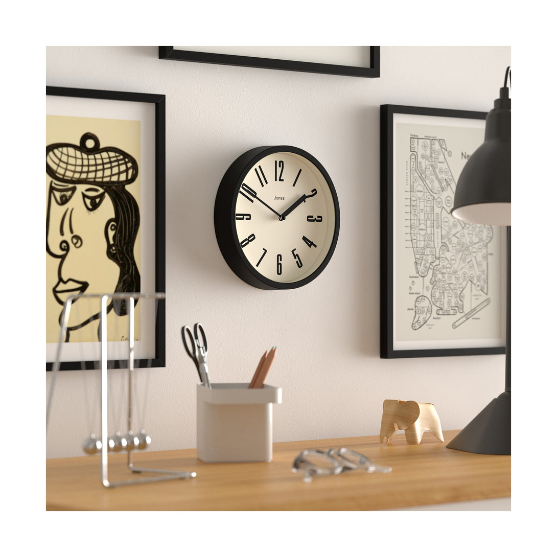 Hot Tub wall clock by Jones Clocks in black with a contemporary dial - JFOX172K