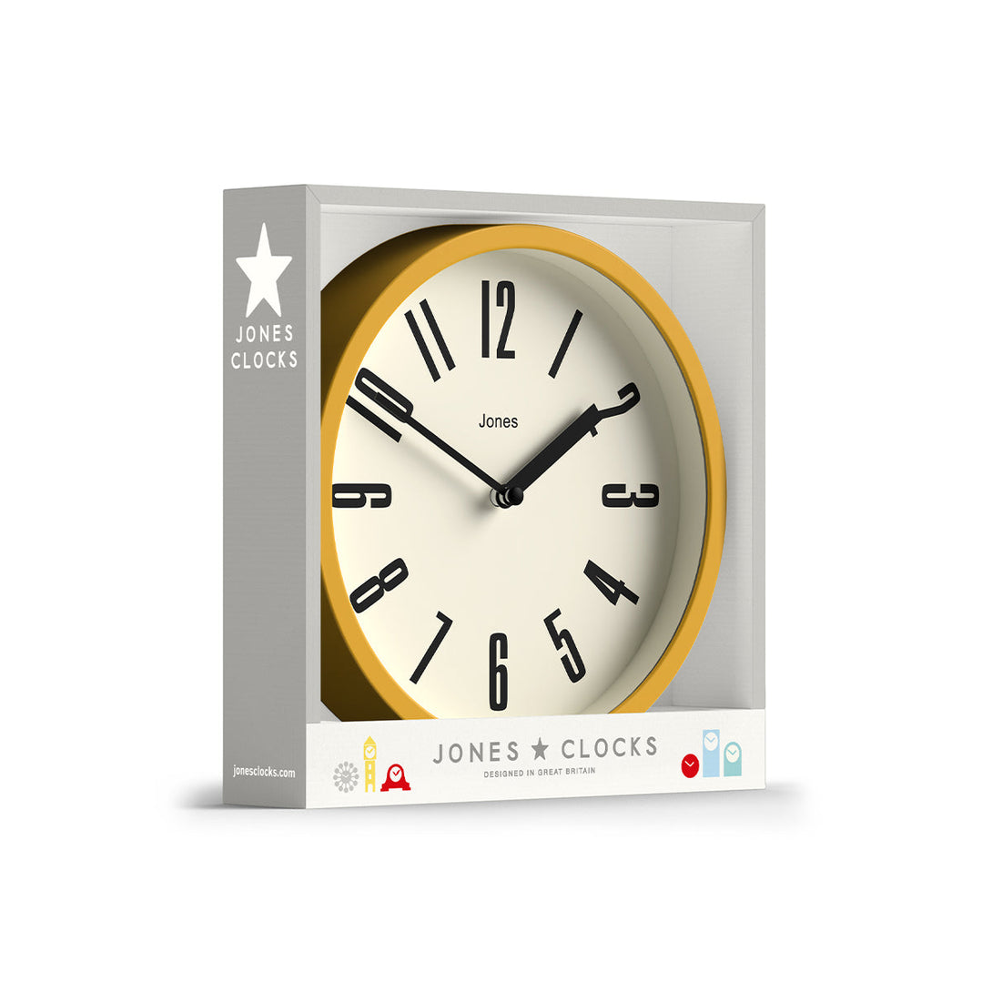 Hot Tub wall clock by Jones Clocks in mustard yellow with a contemporary dial - JFOX172MY