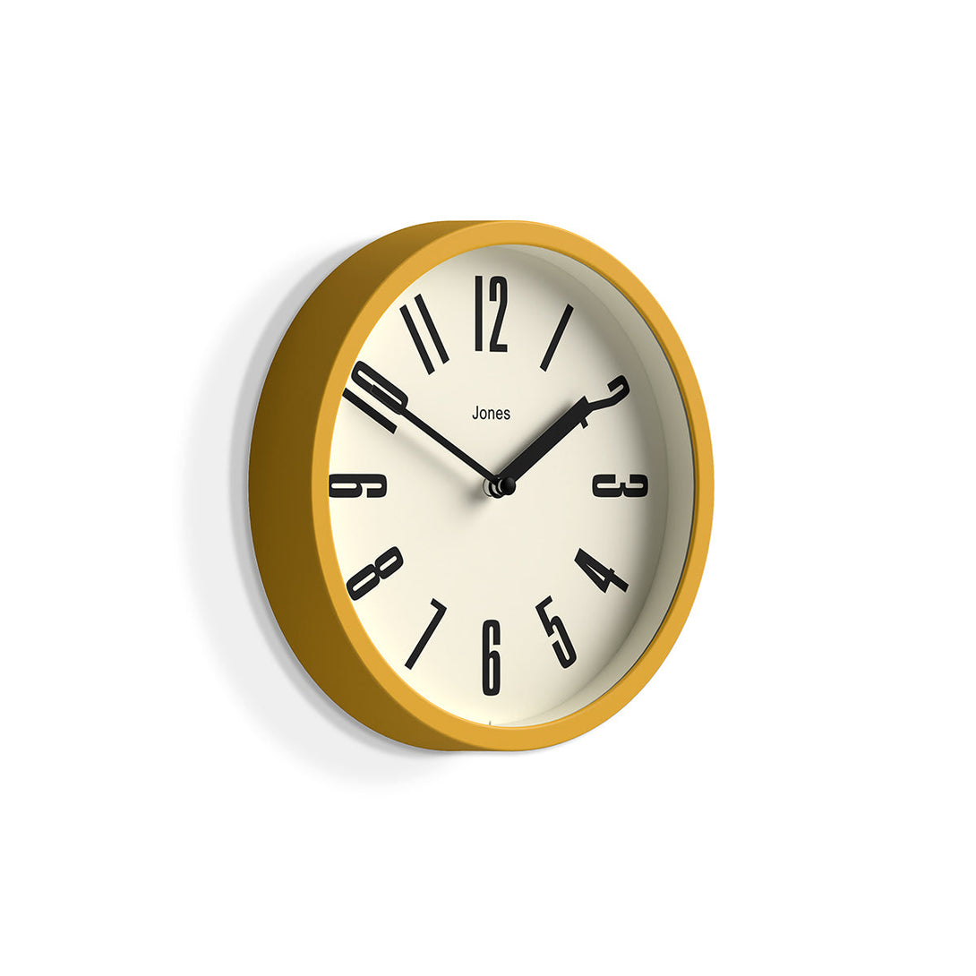 Side view - Hot Tub wall clock by Jones Clocks in mustard yellow with a contemporary dial - JFOX172MY