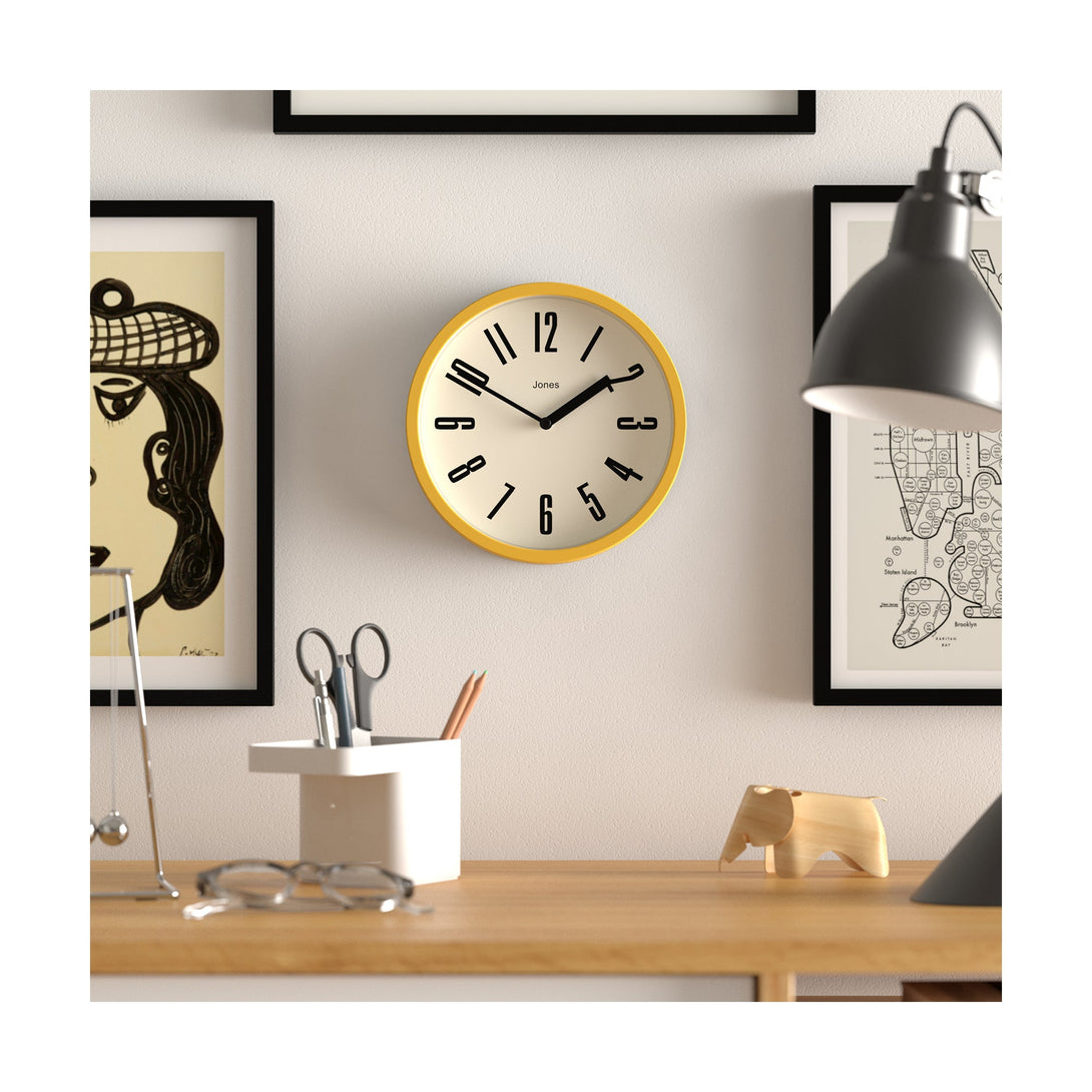 Hot Tub wall clock by Jones Clocks in mustard yellow with a contemporary dial - JFOX172MY