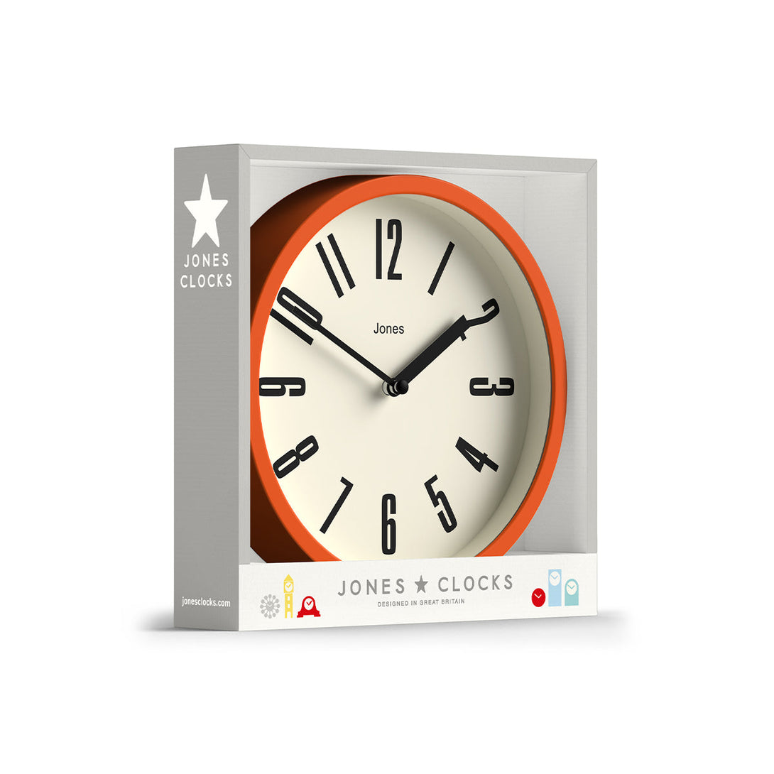 Hot Tub wall clock by Jones Clocks in orange with a contemporary dial - JFOX172PO