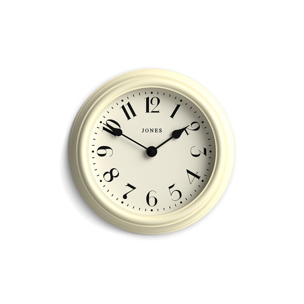 Frieze wall clock by Jones Clocks in cream with classic Arabic dial and spade hands - JFRZ111C