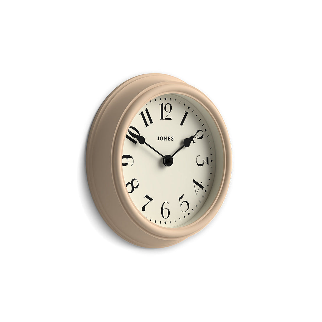 Side view - Frieze wall clock by Jones Clocks in nougat with classic Arabic dial and spade hands - JFRZ111NO