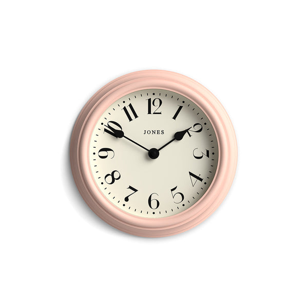 Frieze wall clock by Jones Clocks in rose pink with classic Arabic dial and spade hands - JFRZ111RP