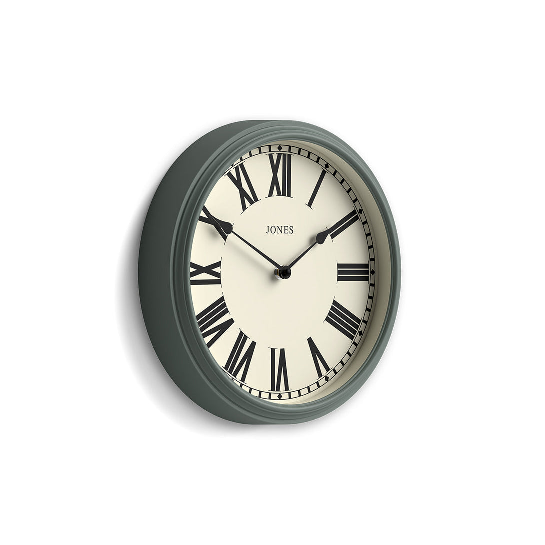 Side view - Hackney wall clock by Jones Clocks in green with a decorative case and classic Roman numeral dial - JHAC1ASG