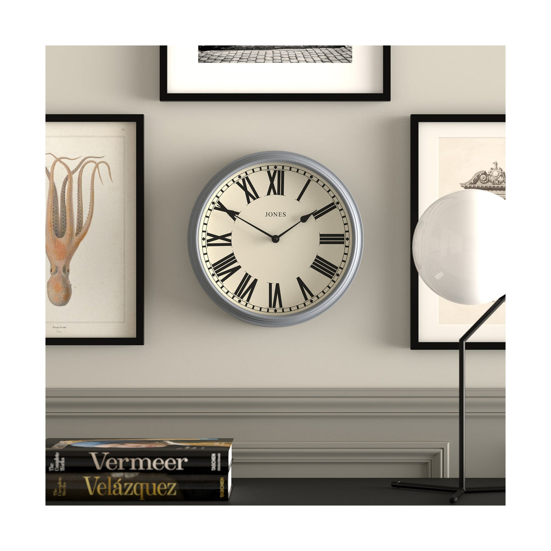 Hackney wall clock by Jones Clocks in french navy with a decorative case and classic Roman numeral dial - JHAC1FN